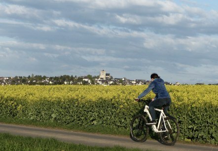 Maifeld-Radweg: Münstermaifeld ist bereits von Weitem zu sehen, © VG Maifeld/A. Schweitzer Maifeld-Radweg: Münstermaifeld ist bereits von Weitem zu sehen, © VG Maifeld/A. Schweitzer